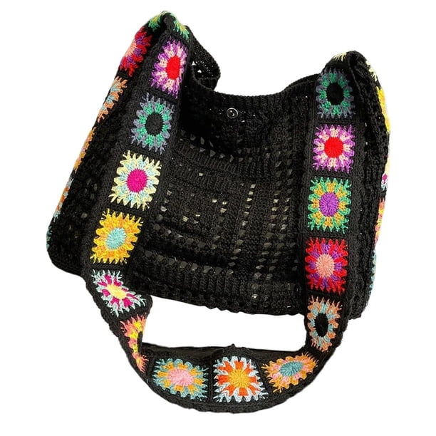 Bolso de mano de crochet para mujer, bolso de hombro para ir de compras, fiestas, cumpleaños, desplazamientos, primavera Negro