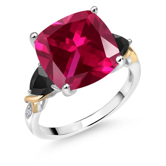 Gem Stone King 925 Silver and 10K Yellow Red Created Ruby and Black Onyx and Diamond Ring for Women (8.73 Cttw, 12MM Cushion and 5mm Trillion) (Size 6)
