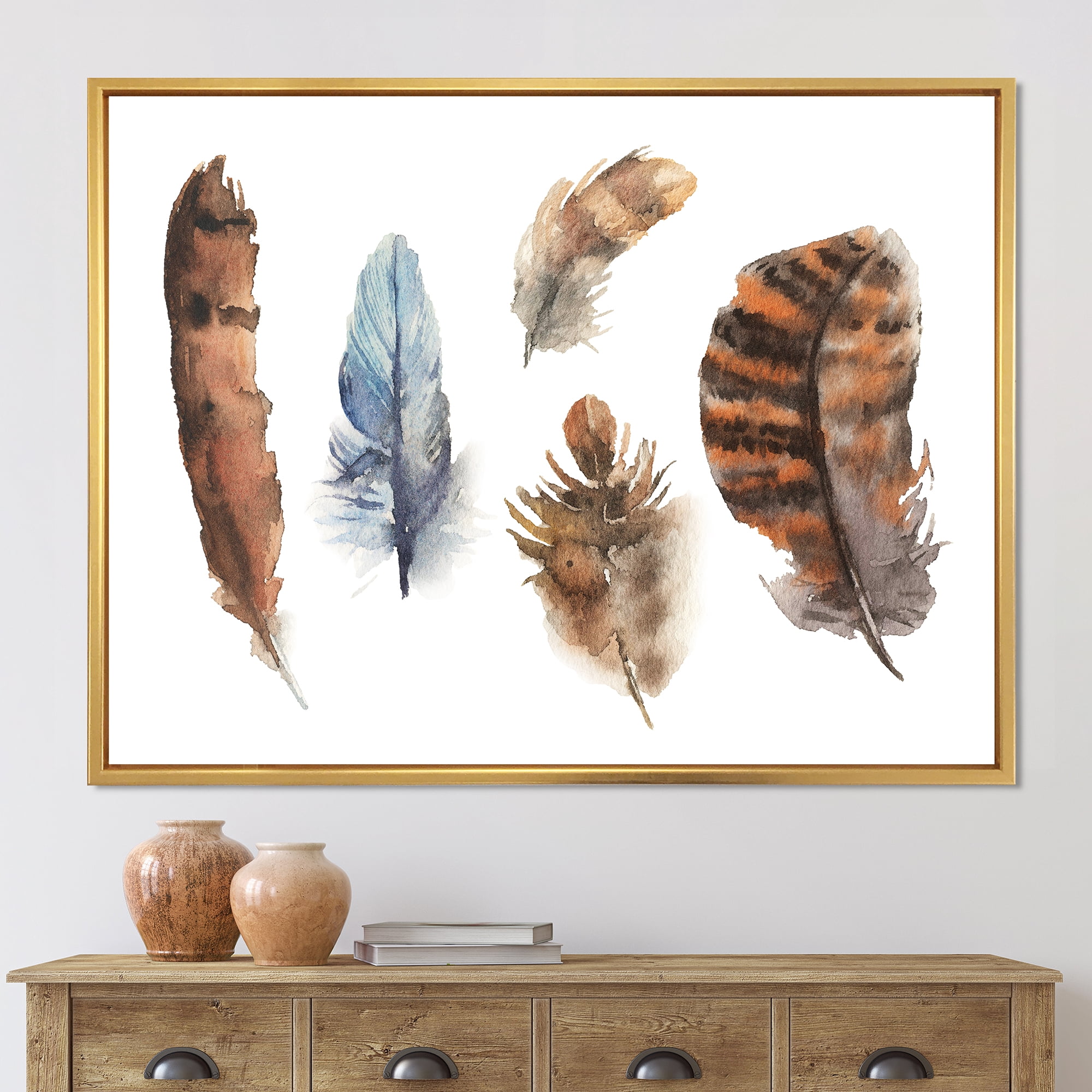 Designart 'Ethnic Boho Feathers In Earth Tones On White' Bohemian & Eclectic Framed Canvas Wall Art Print