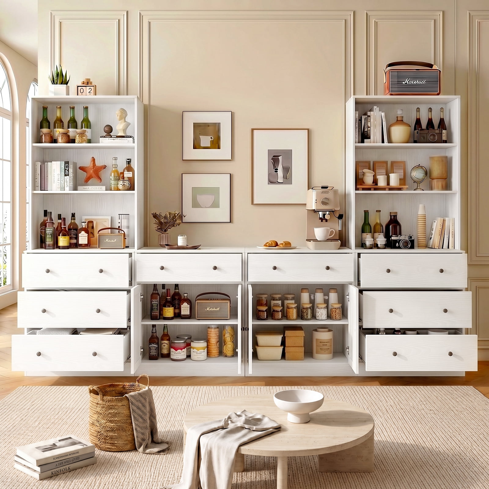 RichYa Kitchen Pantry Storage Cabinets,94.4''W Modular Furniture Cabinets with Hutch,Sideboard Buffet Cabinet with Doors and Shelves for Dining Room,Living Room,White