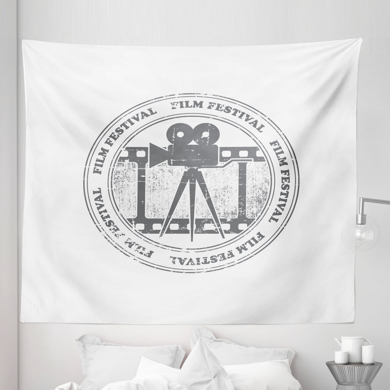 Movie Theater Tapestry, Film Festival Grungy Round Stamp with an ...