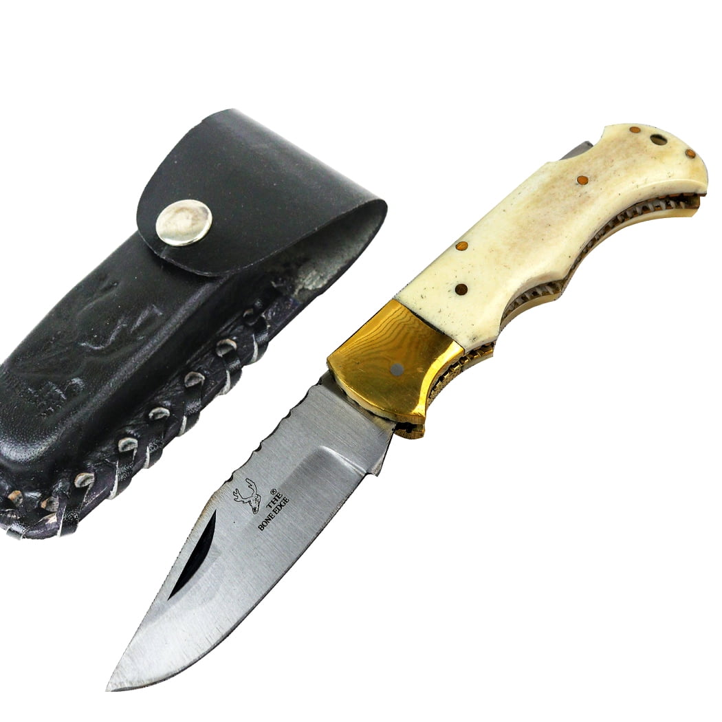 TheBoneEdge 6.5" Stainless Steel Folding Knife Bone Handle With Leather Pouch