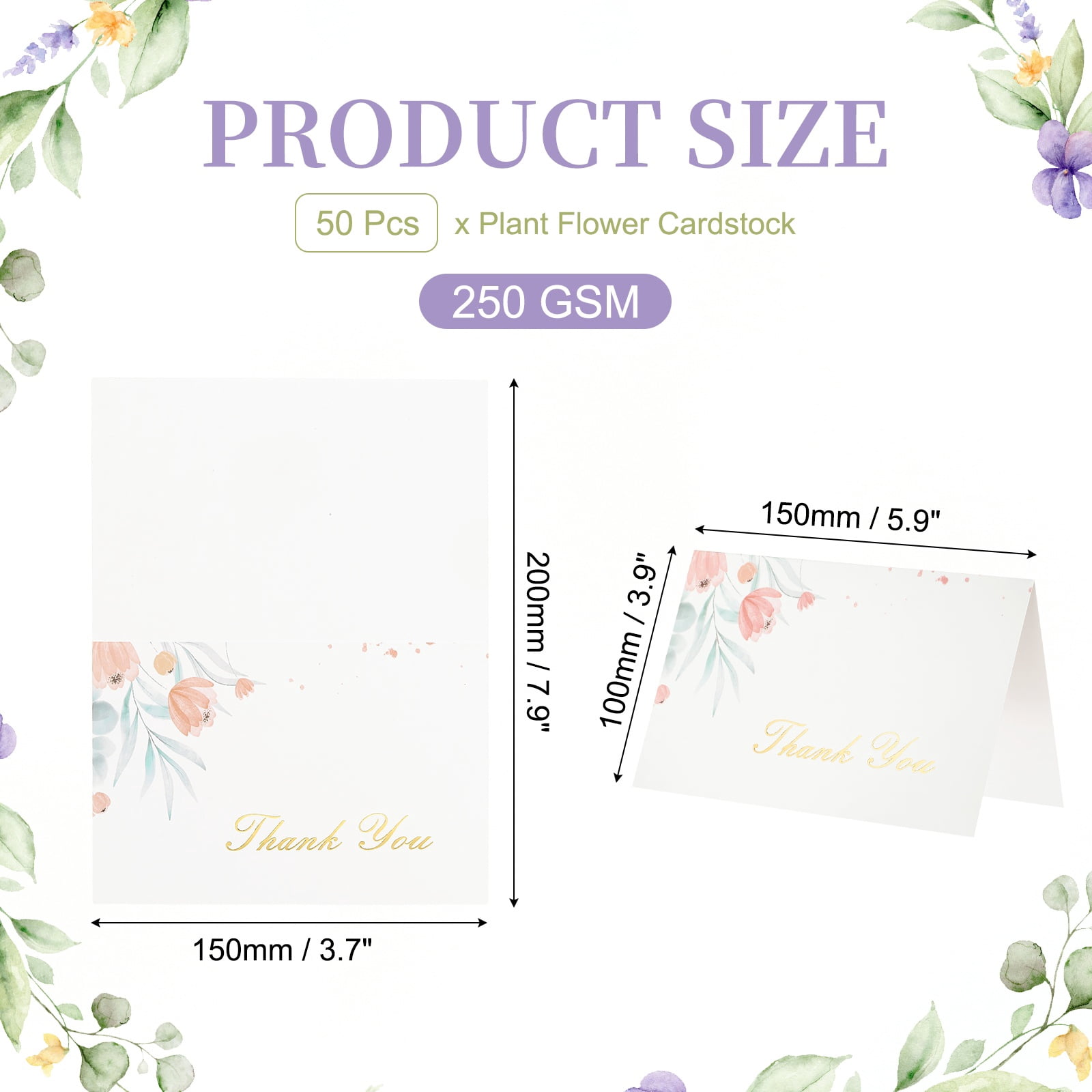 Uxcell 50Pcs Thank You Cards, 5.9"x7.9" Floral Folded Blank Cardstock, Thank You Notes for Greeting Cards Wedding Graduation Birthday DIY Craft Invitations, Daisy Leaf Style