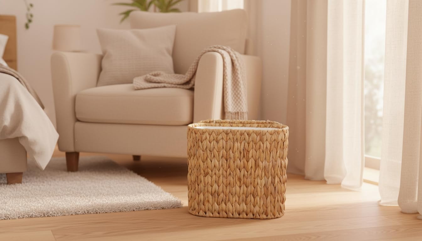 Wicker Bathroom Trash Can With Lid Narrow Rattan Waste Basket Removable Liner Bucket Slim Woven Water Hyacinth Garbage For Bedroom Office Small Spaces 3 Gallon