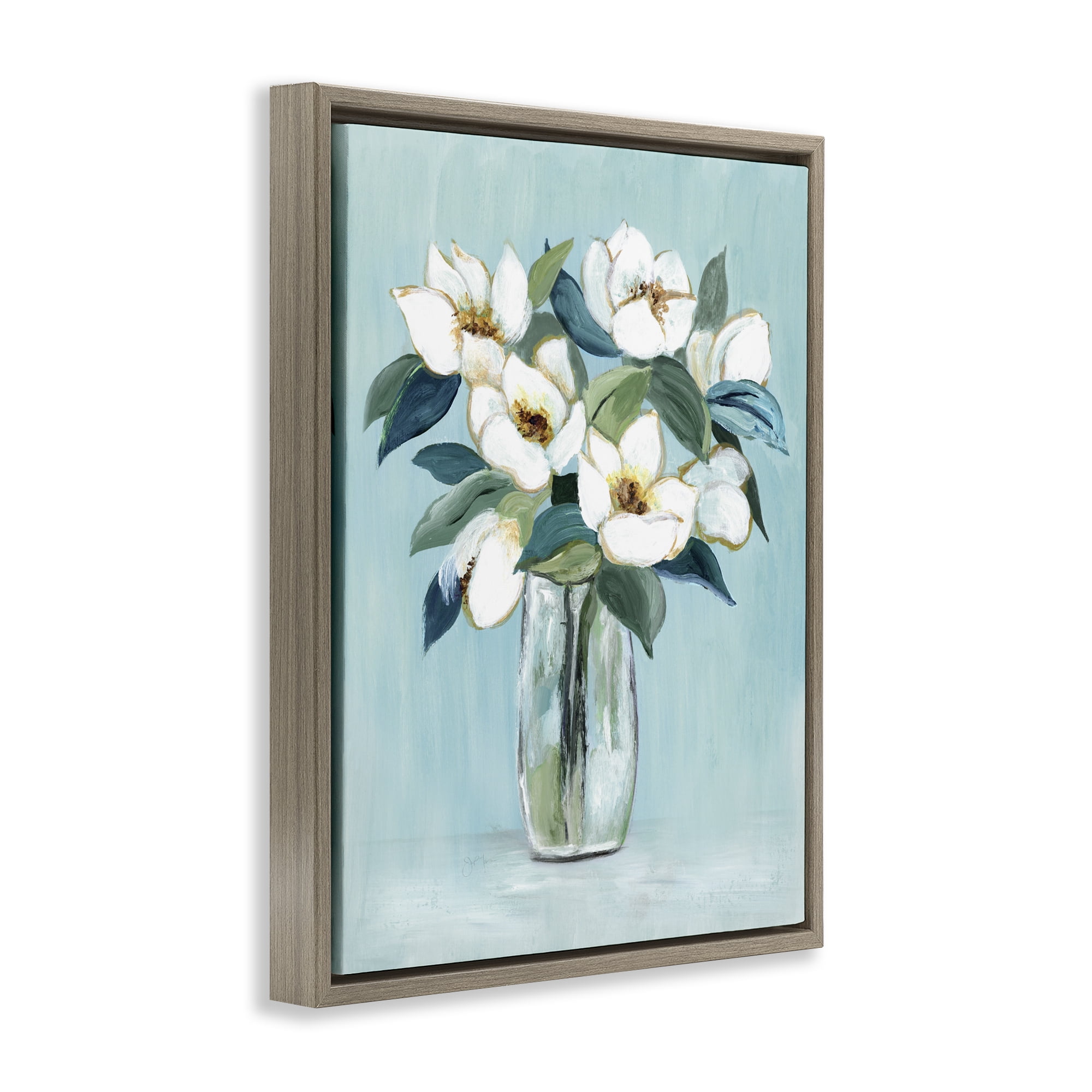 Stupell Industries Magnolia Blossoms on Blue Brown Framed Floater Canvas Wall Art, design by Janet Tava