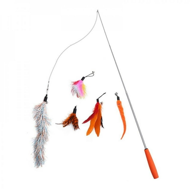 Kitty Three-section Telescopic Funny Cat Stick Toy 5 Replacement Head Set Orange