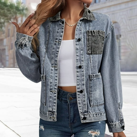 Pyhlmscde Women's Loose And Versatile Mid Long Sleeved Denim Jacket, Womens Tops, Fall Clothes, Denim Jacket for Women