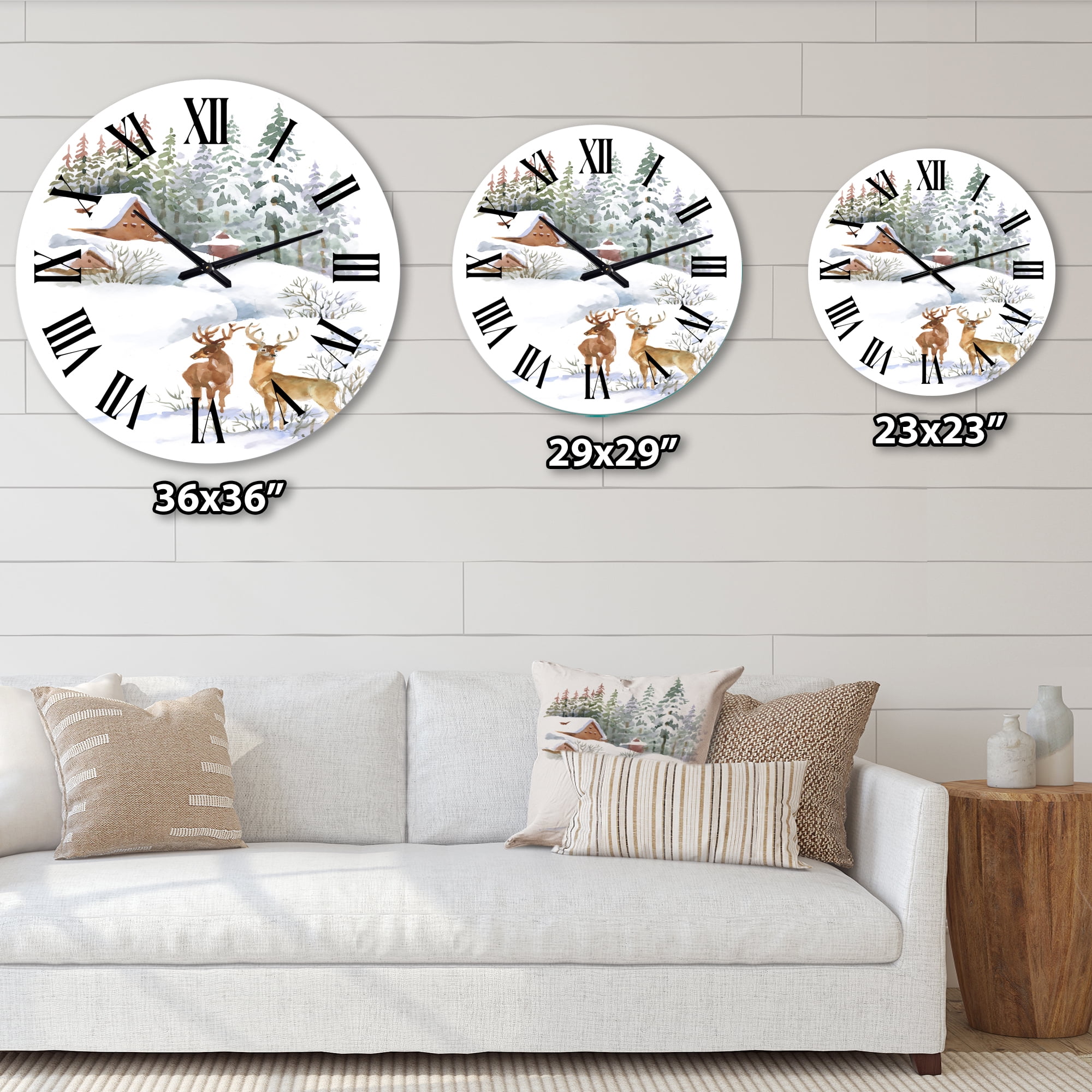 Designart 'Winter Cottage With Two Deers' Farmhouse Wall Clock