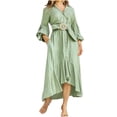 thumbnail image 2 of YueHuiYing Women's Lapel Collared Maxi Blouse Dress V-Neck Elegant Batwing Long Sleeve A-Line Pleated Shirt Long Dress Green L, 2 of 6
