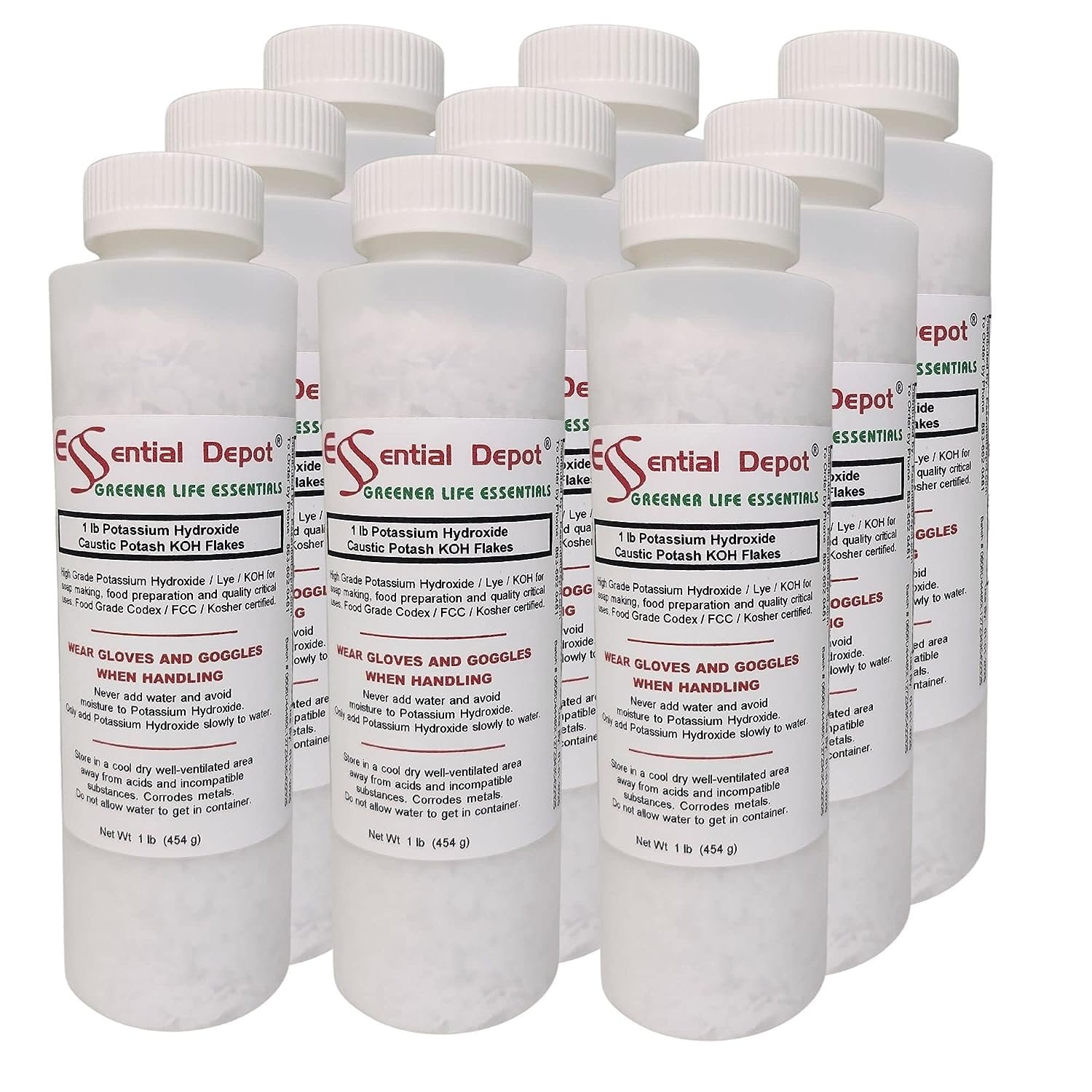Potassium Hydroxide Flakes KOH, 9 lbs 9 x 1lb Container Caustic Potash Anhydrous KOH Dry Electrolyte - HDPE Container with resealable Child Resistant Cap