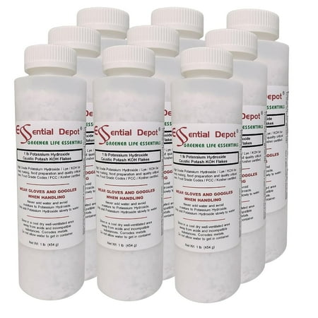Potassium Hydroxide Flakes KOH, 9 lbs 9 x 1lb Container Caustic Potash Anhydrous KOH Dry Electrolyte - HDPE Container with resealable Child Resistant Cap
