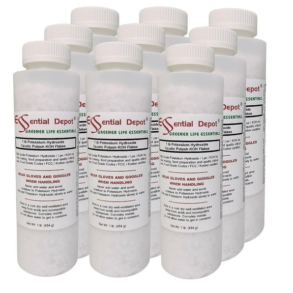 Potassium Hydroxide Flakes KOH, 9 lbs 9 x 1lb Container Caustic Potash Anhydrous KOH Dry Electrolyte - HDPE Container with resealable Child Resistant Cap