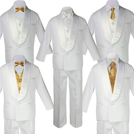 

5-7pc Boy Teen White Shawl Lapel Party Suits Tuxedo GOLD Satin Bow Necktie Vest