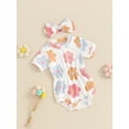 thumbnail image 2 of Newborn Baby Girl Summer Outfits Ribbed Knit Floral Short Sleeve Romper Bodysuit with Bow Headband Set 3 6 9 12 18 Months Cute Clothes, 2 of 7