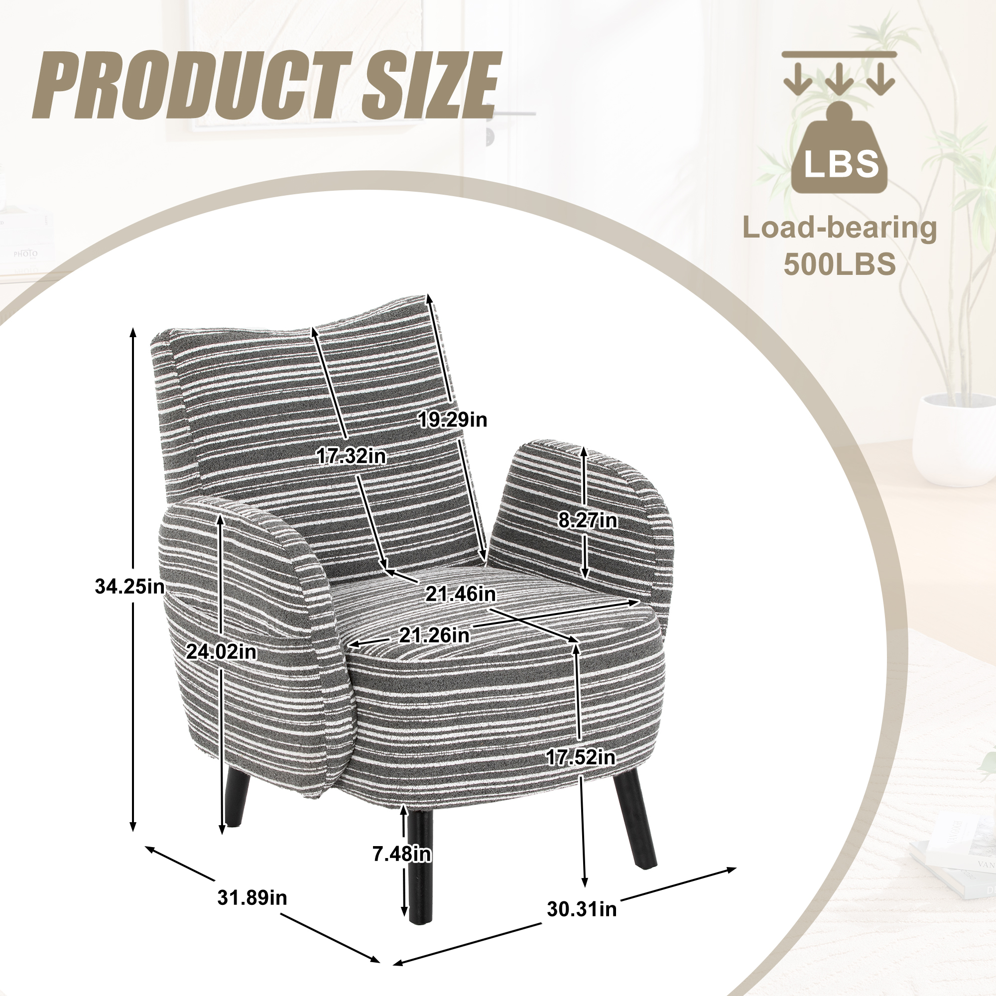 Leumius Armchair with Side Storage Pocket and Solid Wood Legs, Comfortable Reading Chair with Sanded Fabric for Living Room Bedroom Office Dark Gray