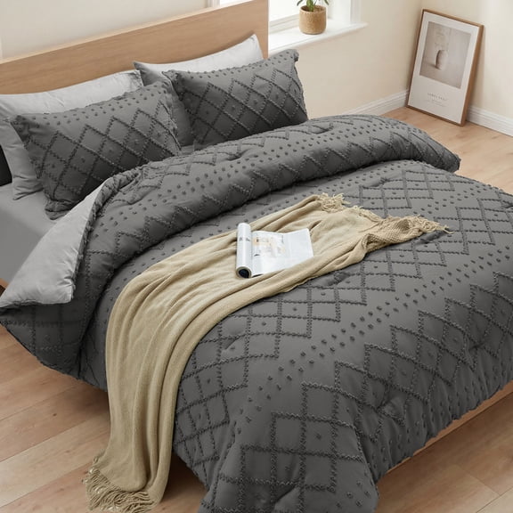 Vccoem Tufted Boho Comforter Set King Size, 7 Pieces White Reversible Bed in a Bag with Comforter, Fitted Sheet, Flat Sheet, Pillowcases, Pillow Shams, Bedding Sets for All Seasons, Grey