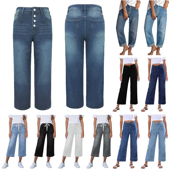 QIUOMBBP Women's Baggy Ankle Jeans Casual Loose Straight Leg Denim Pants Button Cropped Boyfriend Jean Pants with Pockets, Blue, L