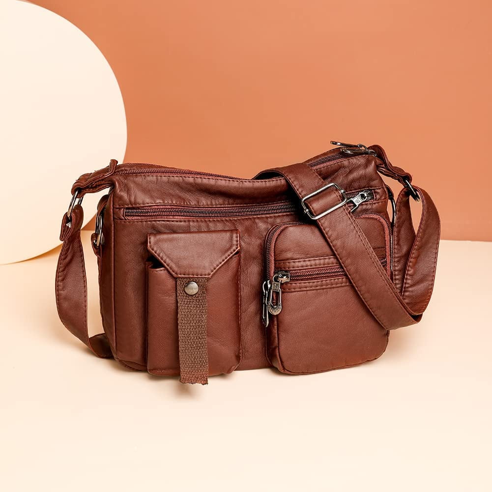 Soft Leather Crossbody Purse for Women Pocketbooks Waterproof Shoulder Bag Ladies Multi Pocket Crossbody Bag