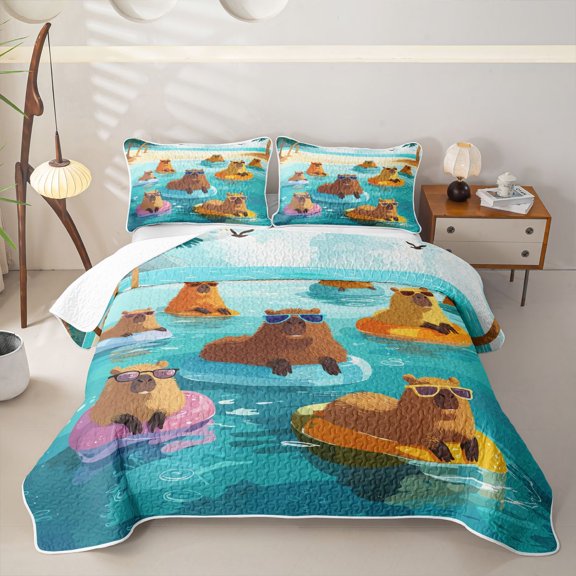 jejeloiu Kawaii Capybara Print Twin Quilt Set,Cute Animals Twin Coverlet Set For Boys,Teal Orange,2pcs