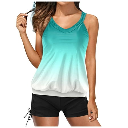 Pimfylm Two Piece Swimsuits for Women Tankini Top With Boyshorts Plus Size Tankini Swimsuits Sporty Bathing Suit(Grey L)