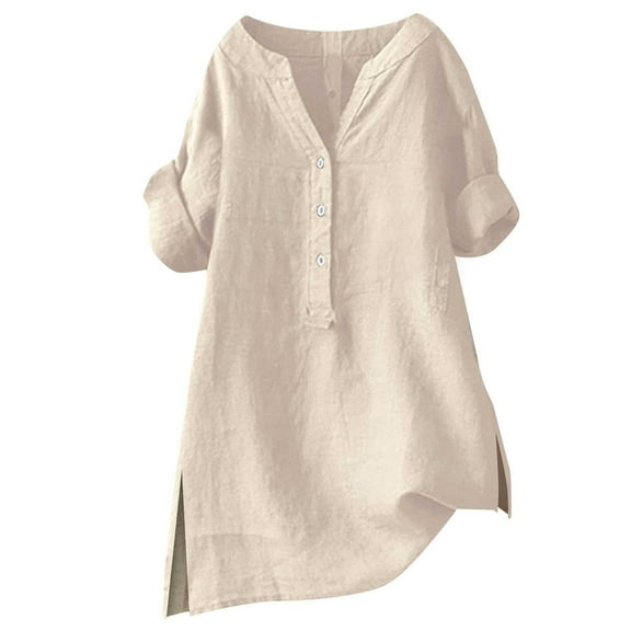 Women's Casual Button-Up Shirt – Stand Collar, Solid Color, Loose Fit, 3/4 Sleeve Top, Beige Loose Button Shirt Top Stand Solid Color Sleeve Collar Casual Women's Shirt Women's Shirt