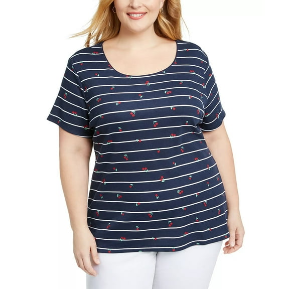Karen Scott Womens Petite Blue Stripe Cherry Print Short Sleeve T-Shirt Top Large