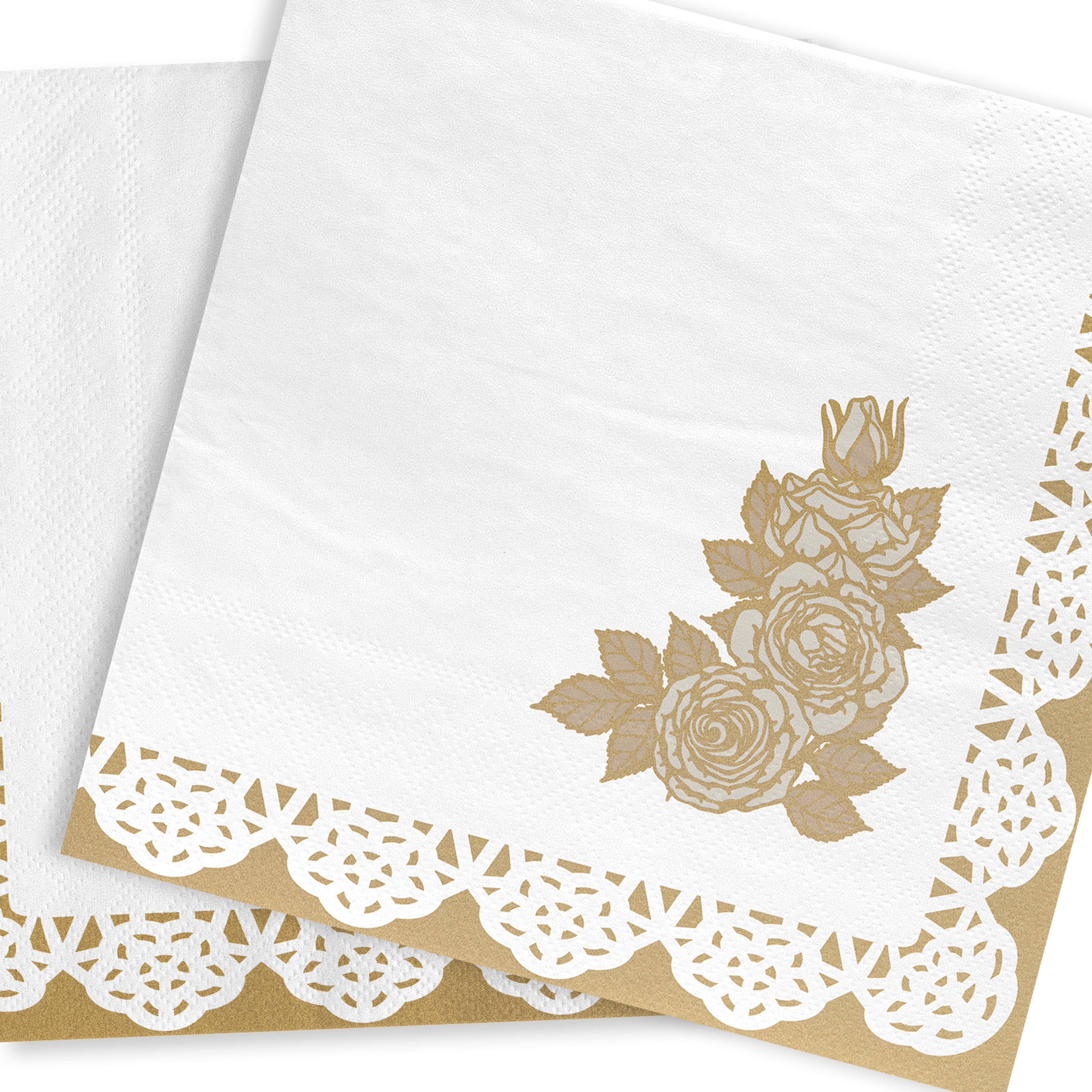 20 Count, 5IN x 5IN Disposable Tea Party Floral Napkins, Gold and White, Vintage Finds by Way to Celebrate
