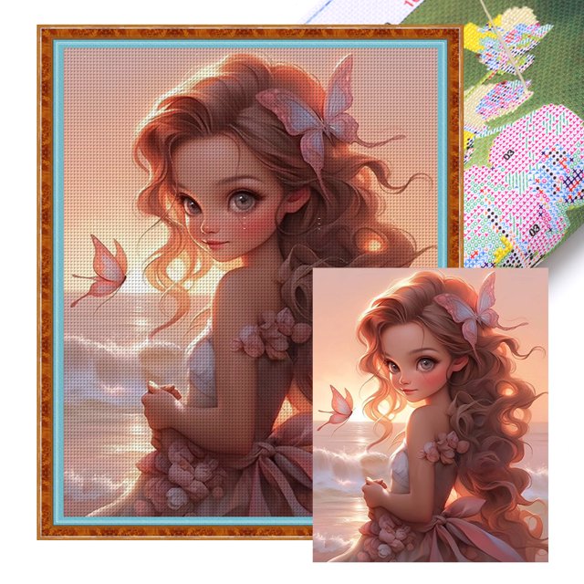 Hilo Algodón Bordado Punto Cruz Con Mariposa Y Niña 11CT 50x60cm Color Rosa