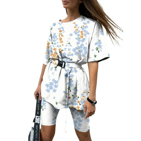 

Avamo Women Nightwear Floral Print Lounge Sets Short Sleeve T-shirt Sleepwear Daily Wear Baggy Pjs Tunic Crew Neck Loungwear White Floral M