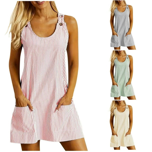 Meichang Womens Summer Dresses Cusual U Neck Sleeveless Sundresses Striped Printed Short Mini Dress with Pockets