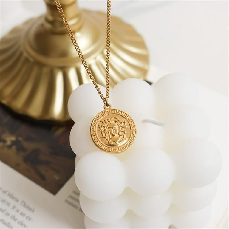 Medusa Gorgon 18K Gold Plated Necklace,Greek Symbol Amulet Medal