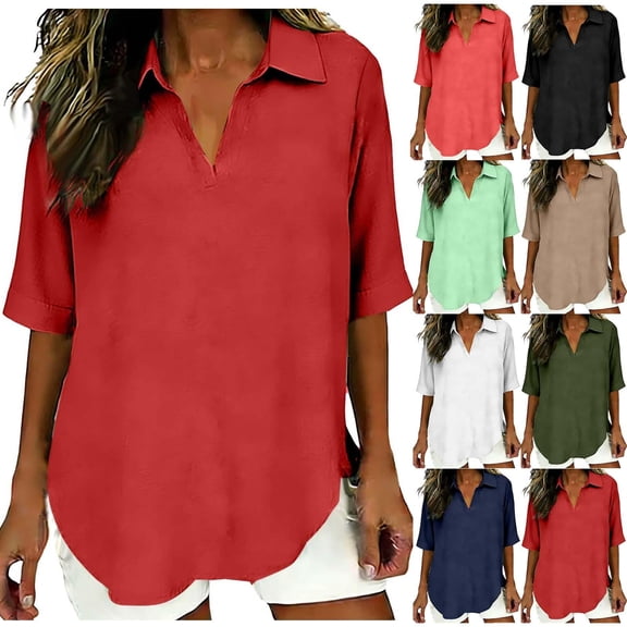 Agkizg Classic Linen Camp Shirt, Women's 3/4 Sleeve Collared Button Down Top, Breathable Resort Wear Blouse, Summer to Fall Shirt for Women