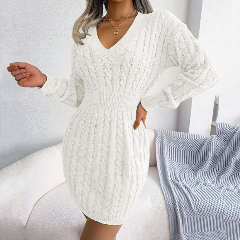 Women Elegant Long Sleeve V Cute Long Sleeve Dresses Neck Slim Back Embroidery Party Cute New Years Eve Outfits Autumn Ribbed Knitted Bodycon Sweater Dress Cute Women s Sweaters Walmart