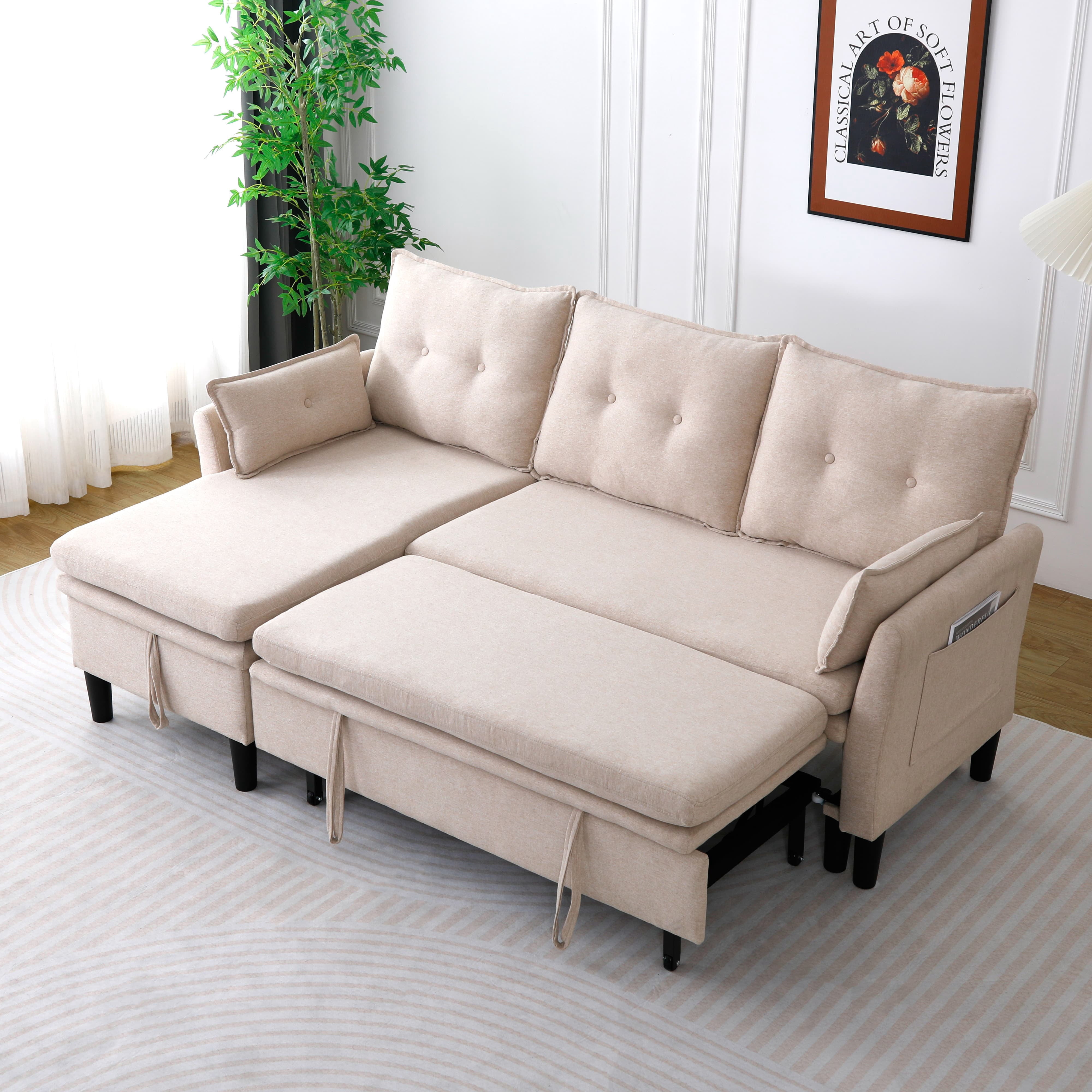 MAYEERTY L-Shaped Reversible Chaise Sectional Sofa Linen Sofa Bed with Storage, for Apartment, Beige