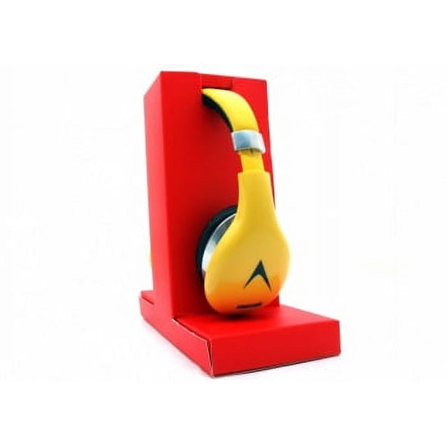 audífonos maxell avio alámbrico avi-300 amarillo Auriculares alámbricos Maxell AVI-300 en amarillo, vista frontal centrada con diadema acolchada y copas ovaladas con logo negro, apoyados en soporte rojo sobre fondo blanco; micrófono integrado, ajuste ergonómico visible y adecuados para uso diario portátil.