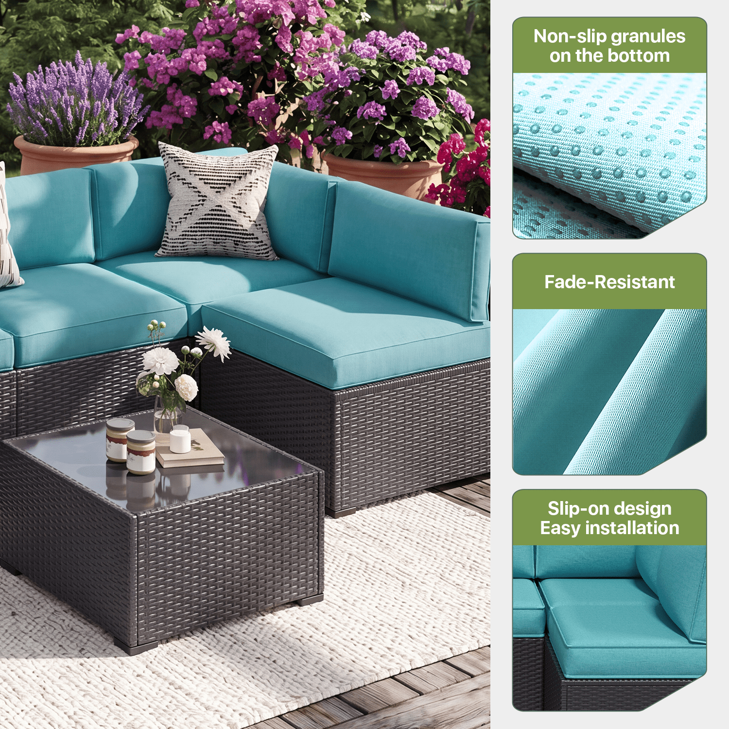 BaPiPro 14 Pack Sky Blue Outdoor Patio Sofa Cushion Replacement Covers, Fade‑Proof, Waterproof & Zippered, Wear‑Resistant, Stain‑Resistant Easy‑to‑Clean Slipcovers for Rattan Sectional Furniture