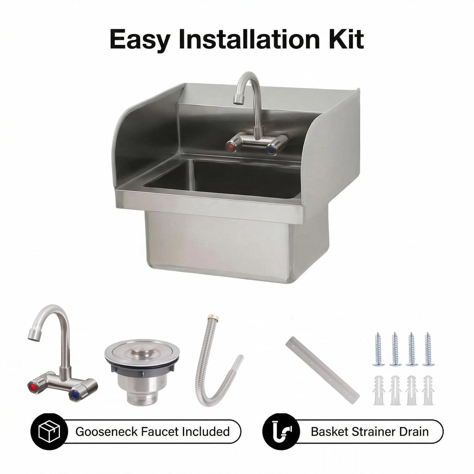 Historyli Commercial Stainless Steel Hand Sink with Swivel Faucet, Wall Mount or Drop-in,Small Hand Wash Basin with Backsplash & Drain Kit for Restaurant, Kitchen