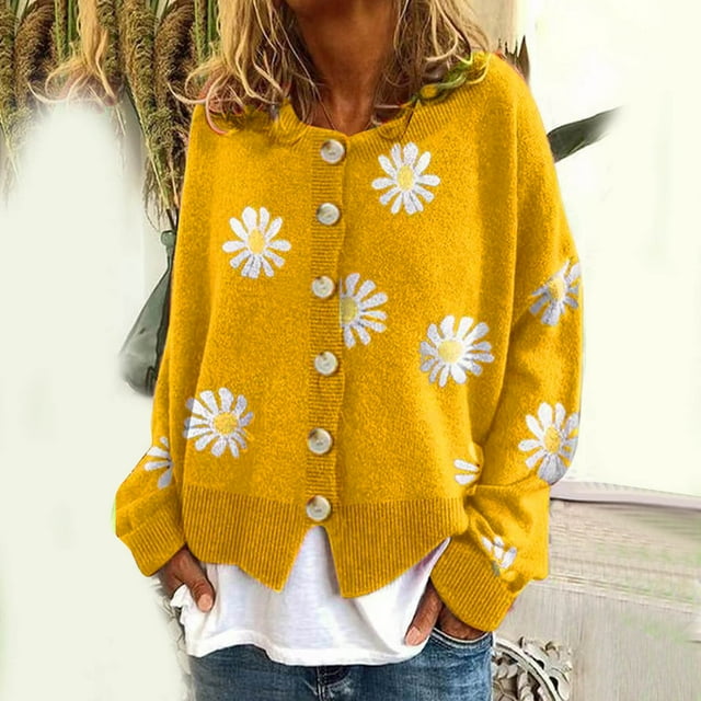 Manteaux Vestes d'Automne Cardigans Chandails pour Femmes, Cardigan Décontracté à Manches Longues à Col Rond avec Boutons, Cardigan en Tricot à Imprimé Petite Marguerite Jaune