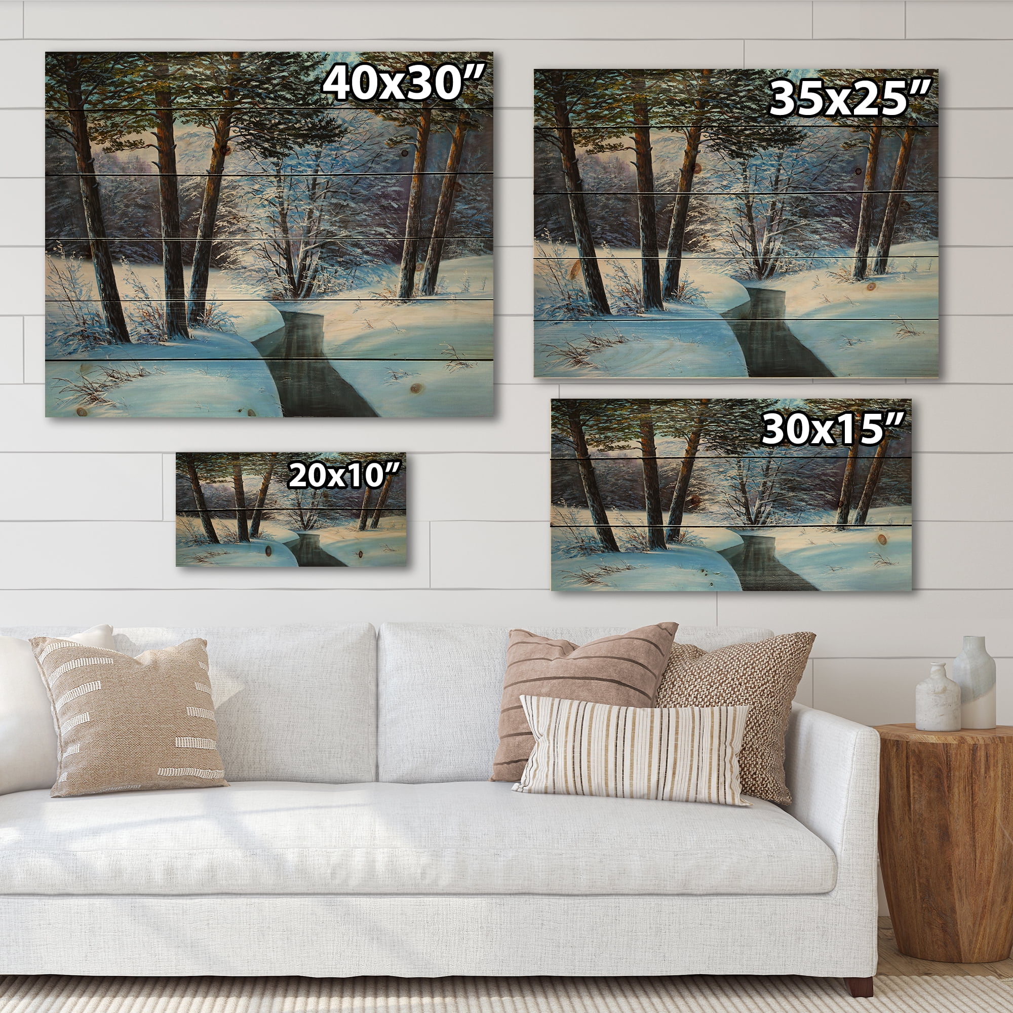 Designart 'Christmas Forest With Trees and River III' Traditional Print on Natural Pine Wood