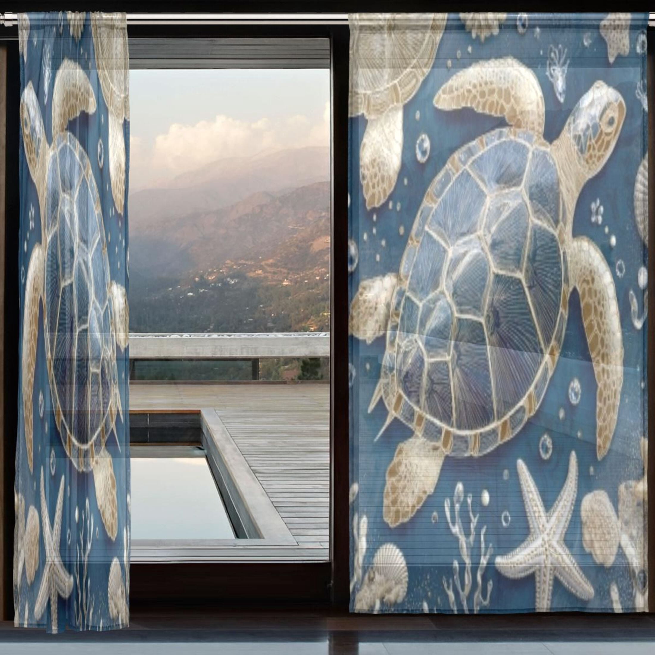 BZSMCE Window Curtain Panels Set Of 2 In Navy Beaded Sea Turtle Printed