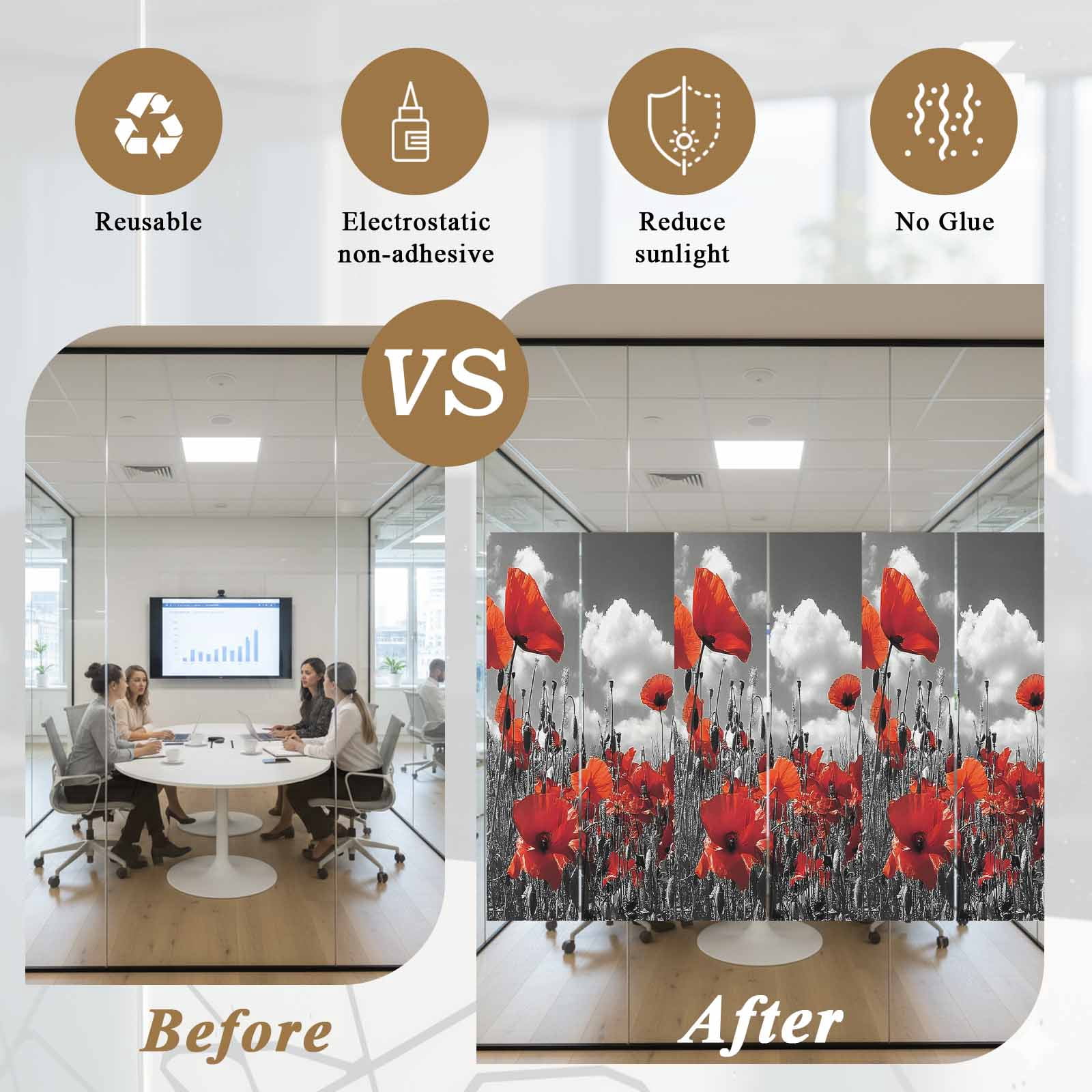 Red Flowers Window Privacy Film, Retro Black White Leaf Red Floral Frosted Glass Window Clings Static Cling UV Heat Blocking Reusable Door Sticker for Bathroom 23.6 x 59 Inch