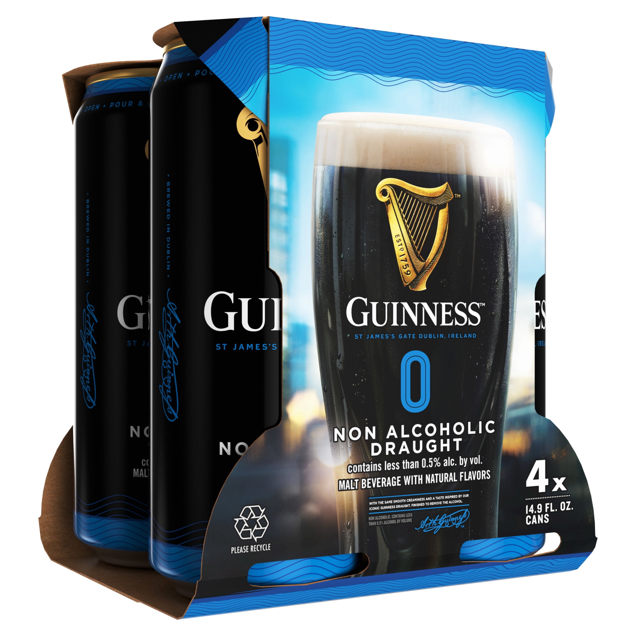 Guinness 0 Draught Non-Alcoholic Import Beer, 4 Pack Cans, 14.9 fl oz, Less Than 0.5% ABV