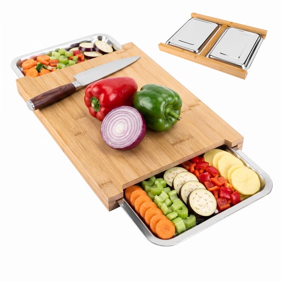 Bamboo Cutting Board with 2 Stainless Steel Sliding Drawers, Non-Slip Kitchen Wood Chopping Board for Meat, Vegetables and Fruits