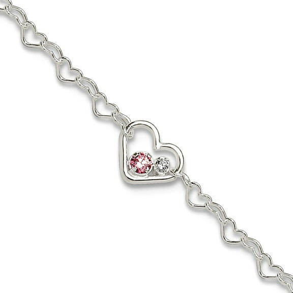 7.75mm 925 Sterling Silver Polished Cubic Zirconia Love Heart Link Plus 1in Extension Anklet 9 Inch Anklet for Women