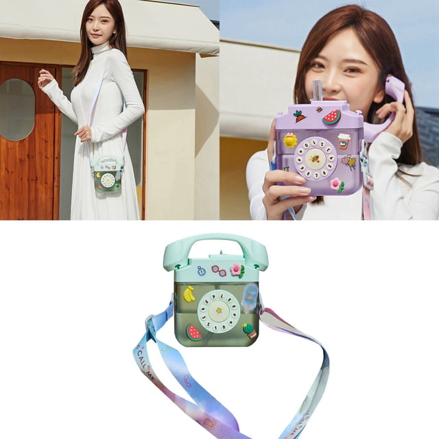 Bouteille en Verre et Bouteille 400 ml en Forme de Téléphone Rétro pour Voyage et Sports en Plein Air avec Sangle Ajustable, Conception Étanche et Autocollants 3D