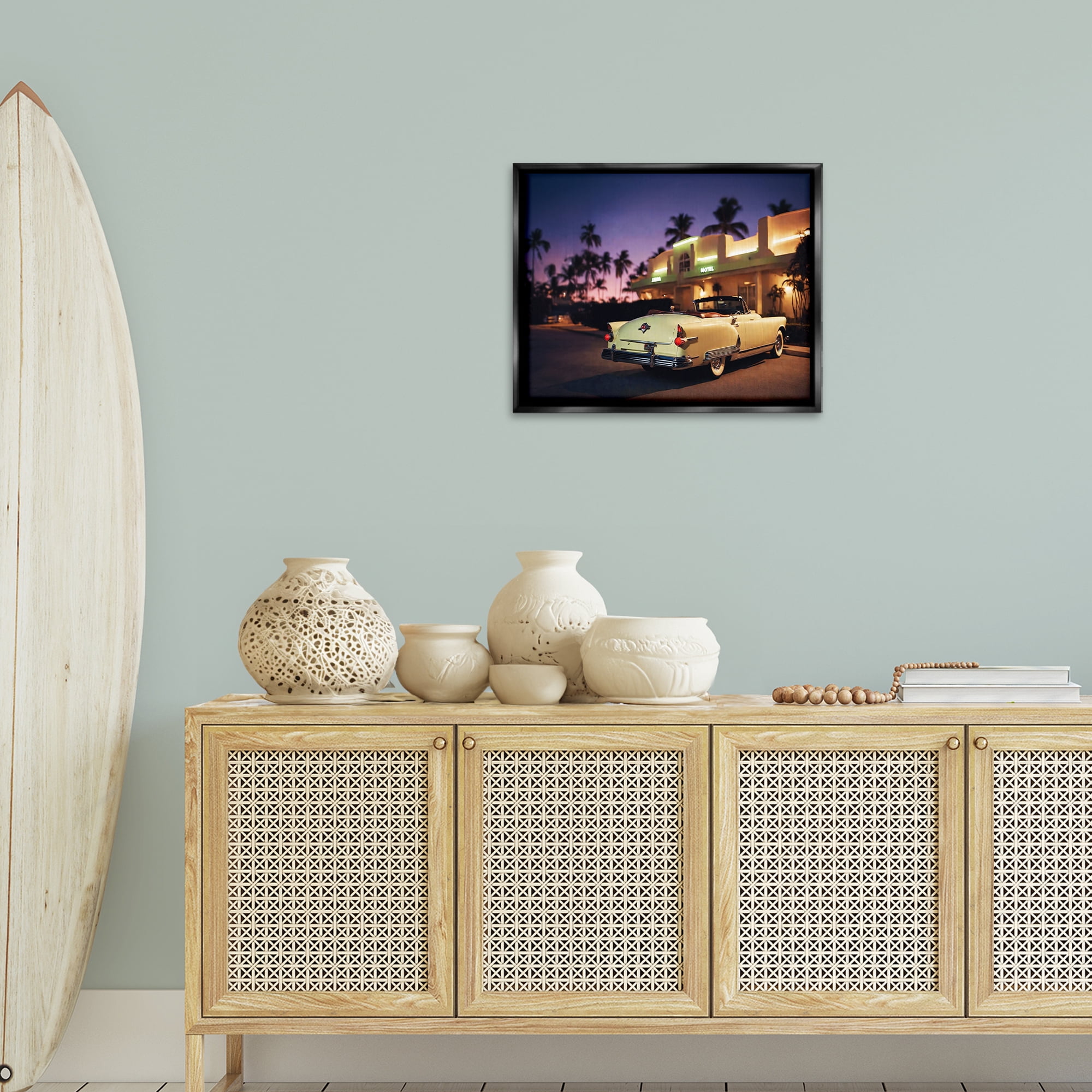 Stupell Industries Antique Car Tropical Motel Transportation Painting Black Floater Framed Canvas Art Print Wall Art, 21 x 17