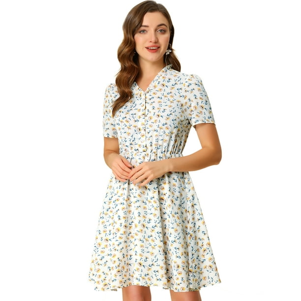 Vestido Con Botones Y Cuello En V Con Estampado Floral Y Volantes Para Mujer Blanco M
