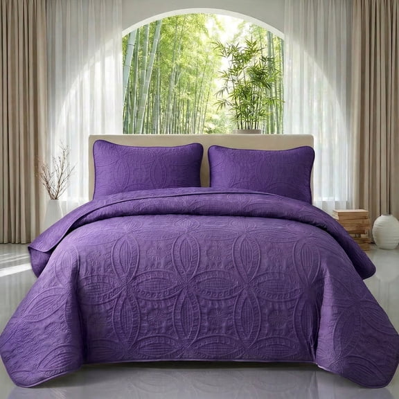 Quilted Bedspread Set-2/3PCS, 1 Quilt 1/2 Pillowcases, Lightweight Ultra-Soft, Breathable Hypoallergenic Bedding, Wrinkle Fade Resistant, Machine Washable for All Seasons(Purple,King)