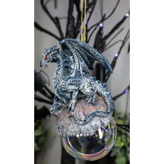 Ebros Ruth Thompson Art Check Mate Blue Dragon Perching On Pearl Glass Ball 5" H
