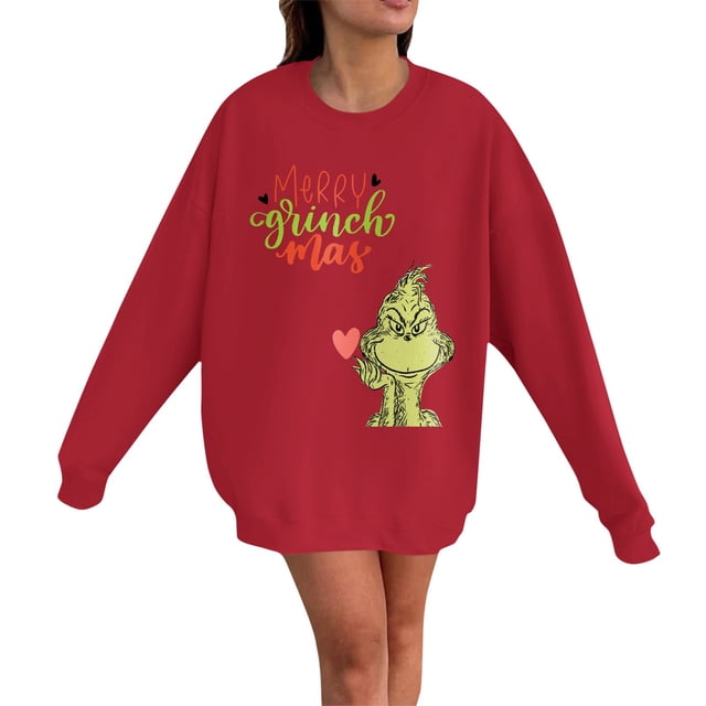 Grinch Chandail en Molleton pour Femmes Grande Taille Mode Décontractée Imprimé de Noël Manches Longues Col Rond Chandail Ample Chandails en Molleton Grinch Imprimé, L